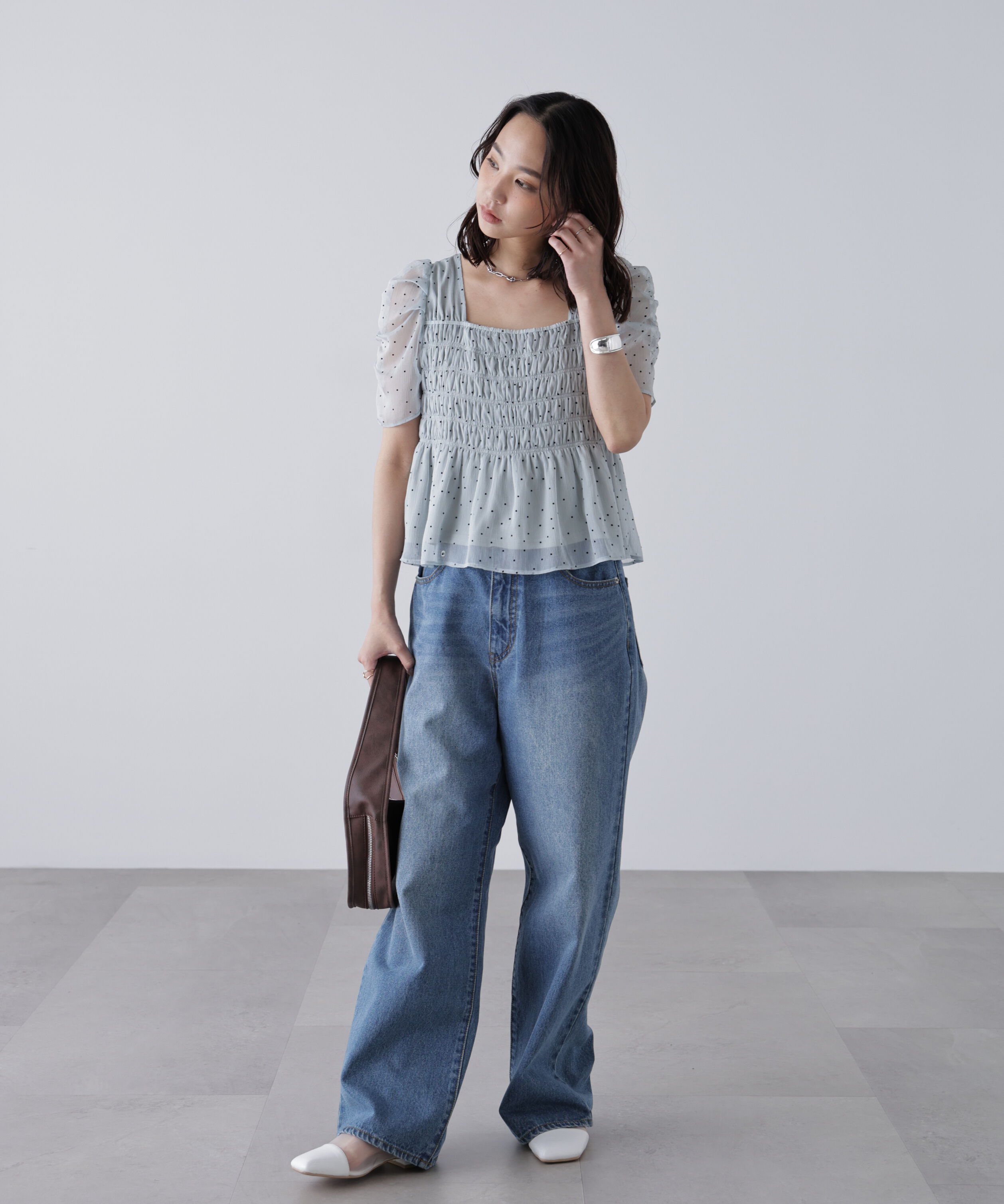  「フロッキードットシャーリングペプラムブラウス」|シャツ・ブラウス|