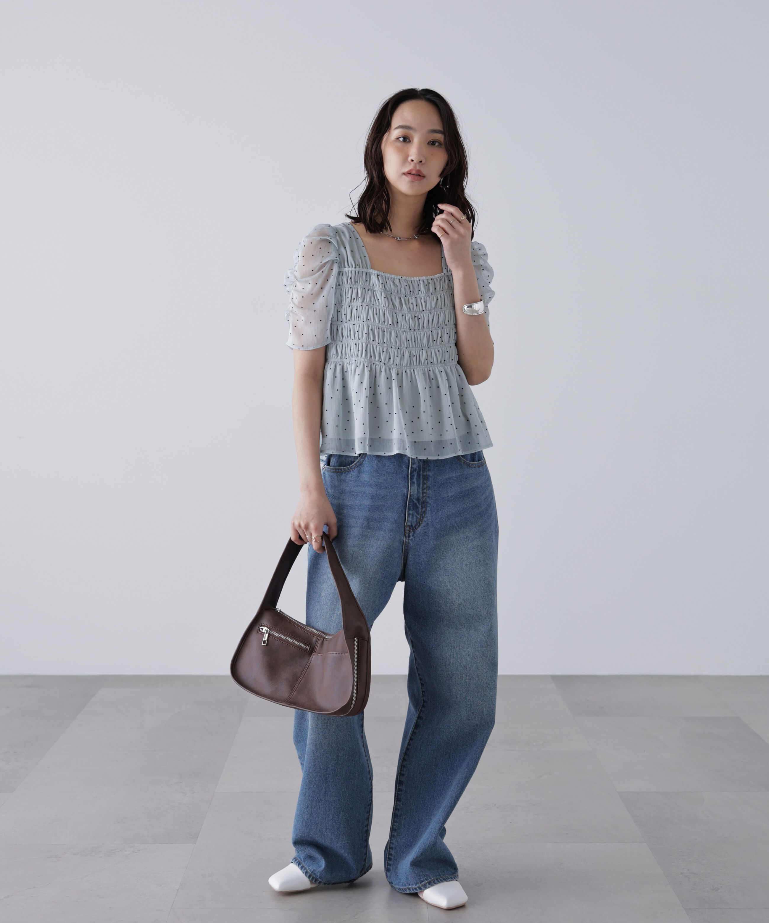  「フロッキードットシャーリングペプラムブラウス」|シャツ・ブラウス|