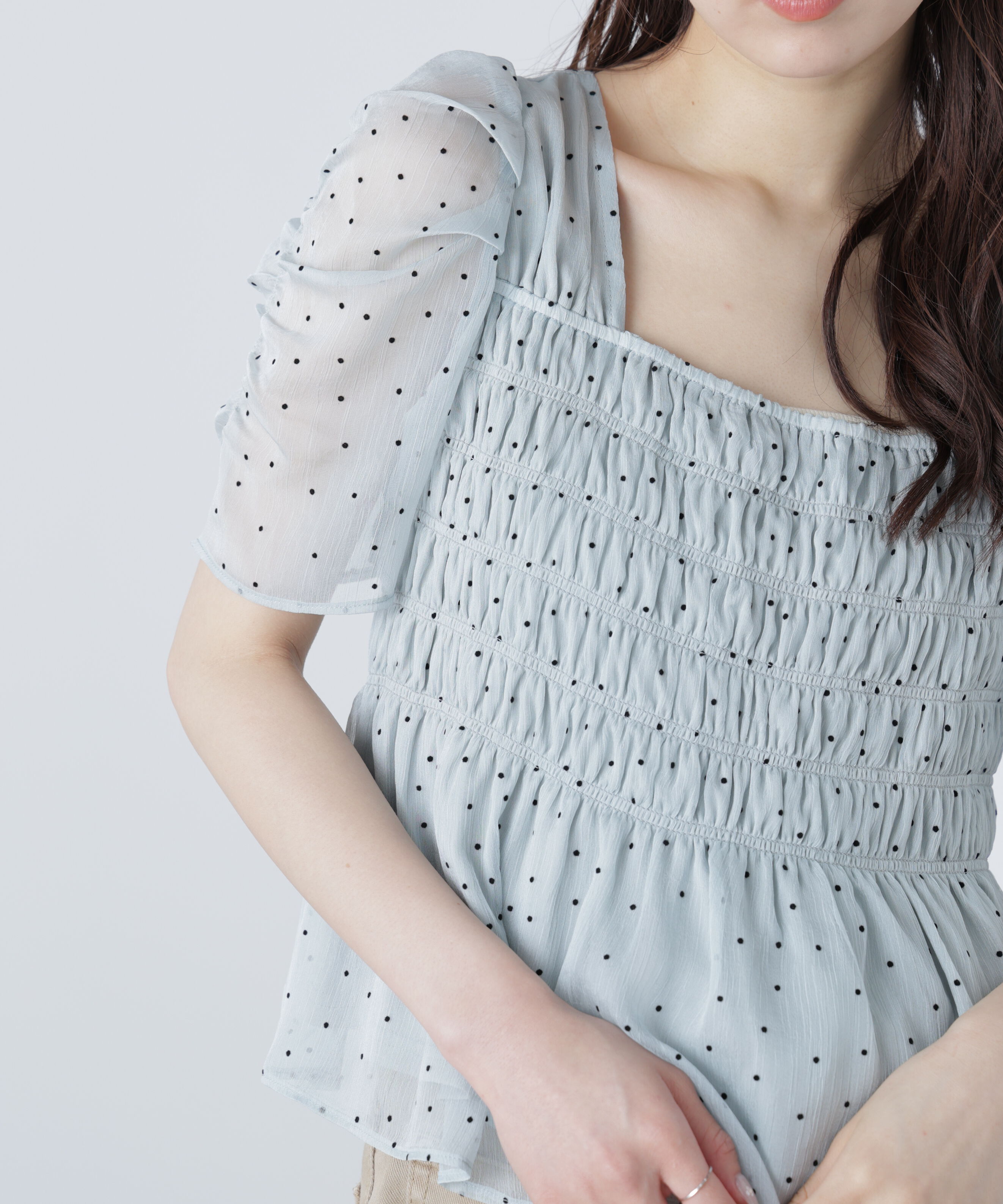  「フロッキードットシャーリングペプラムブラウス」|シャツ・ブラウス|