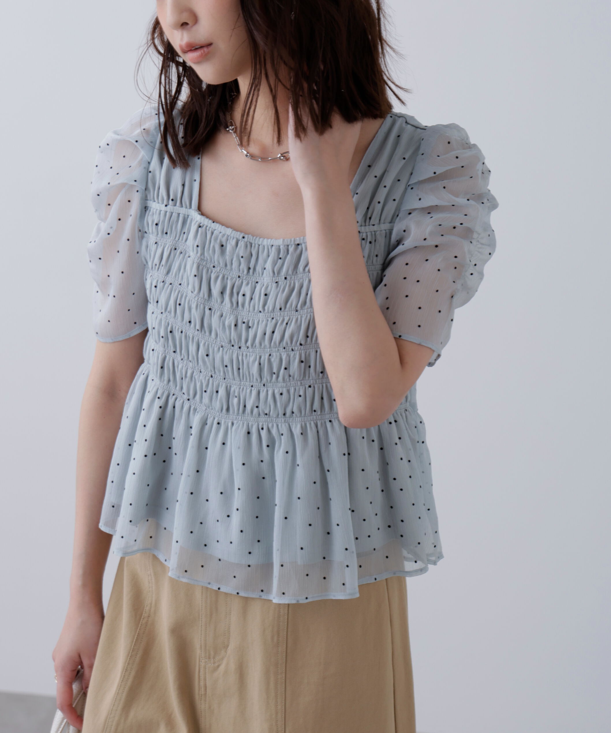  「フロッキードットシャーリングペプラムブラウス」|シャツ・ブラウス|
