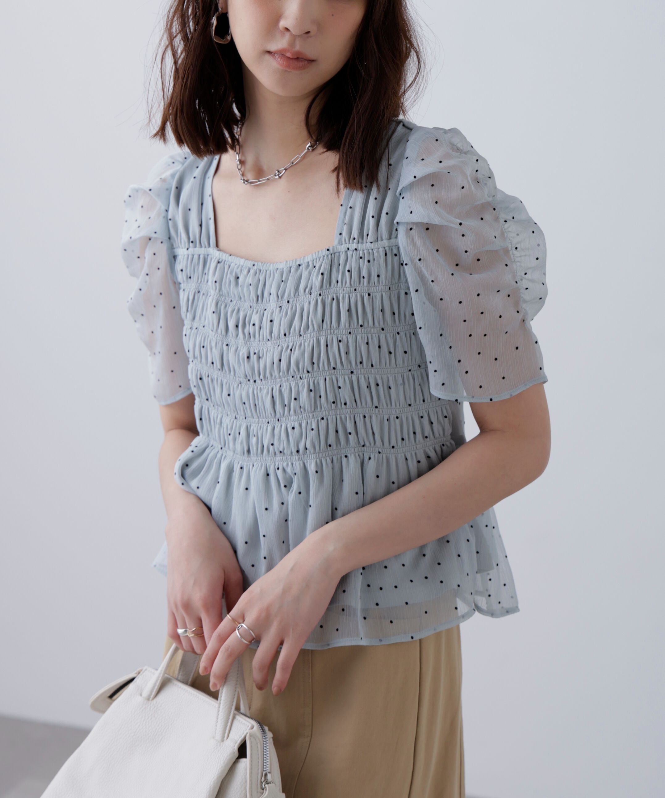  「フロッキードットシャーリングペプラムブラウス」|シャツ・ブラウス|