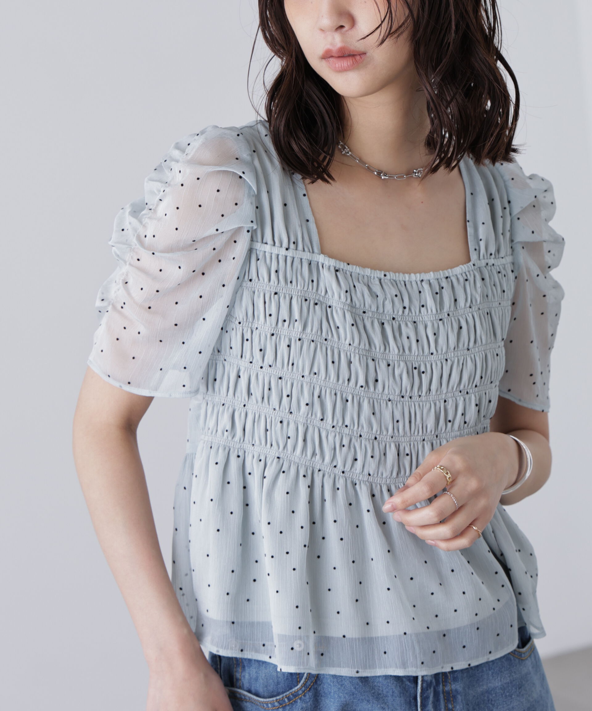  「フロッキードットシャーリングペプラムブラウス」|シャツ・ブラウス|