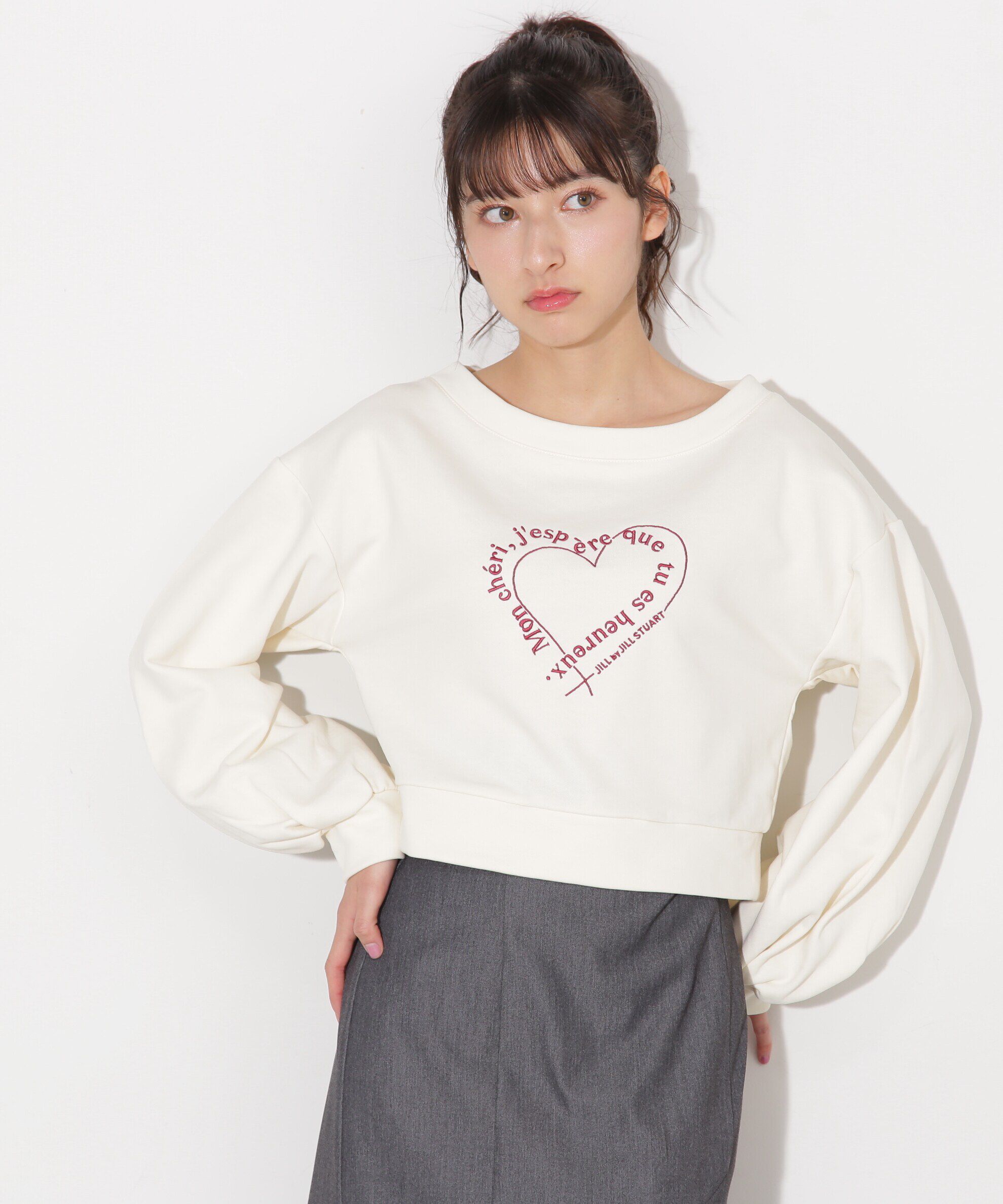  「メッセージハートオフショル裏毛プルオーバー」|Tシャツ・カットソー|