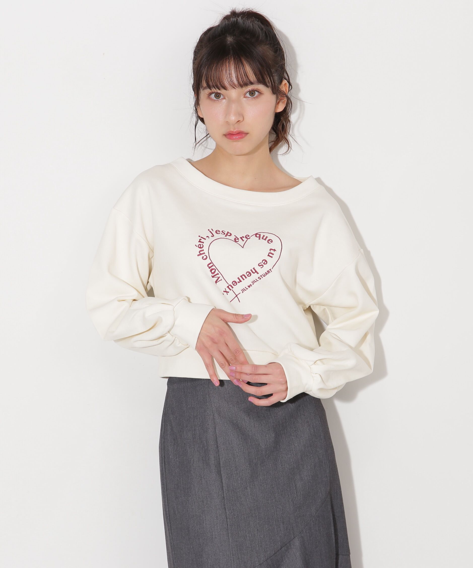  「メッセージハートオフショル裏毛プルオーバー」|Tシャツ・カットソー|