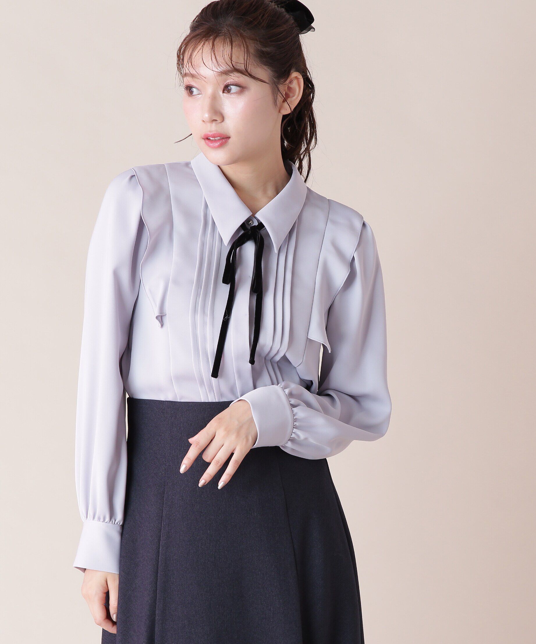  「リボン付きピンタックブラウス」|シャツ・ブラウス|ブルー