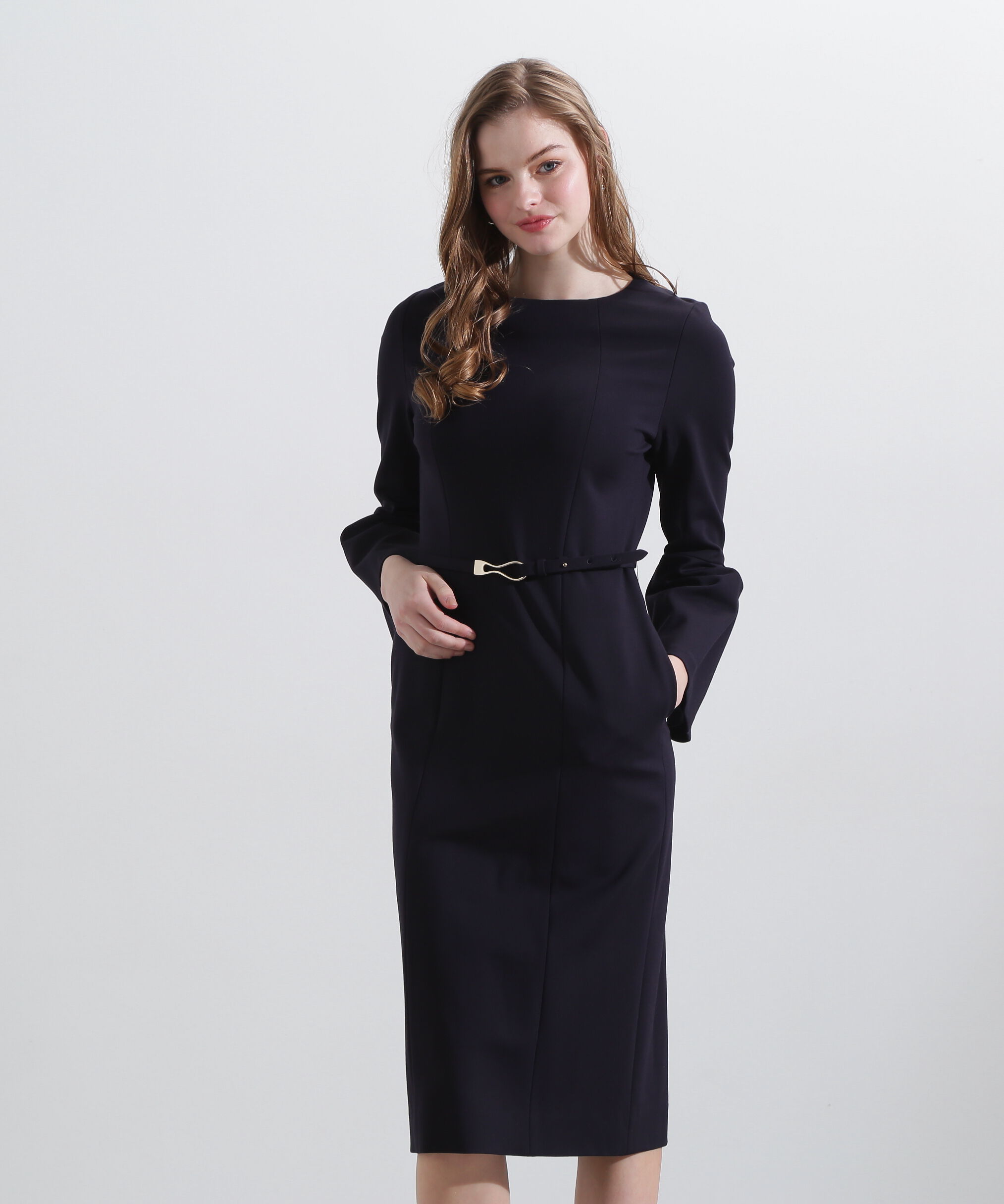  「◆ベルスリーブベルト付きワンピース」|ワンピース|ネイビー