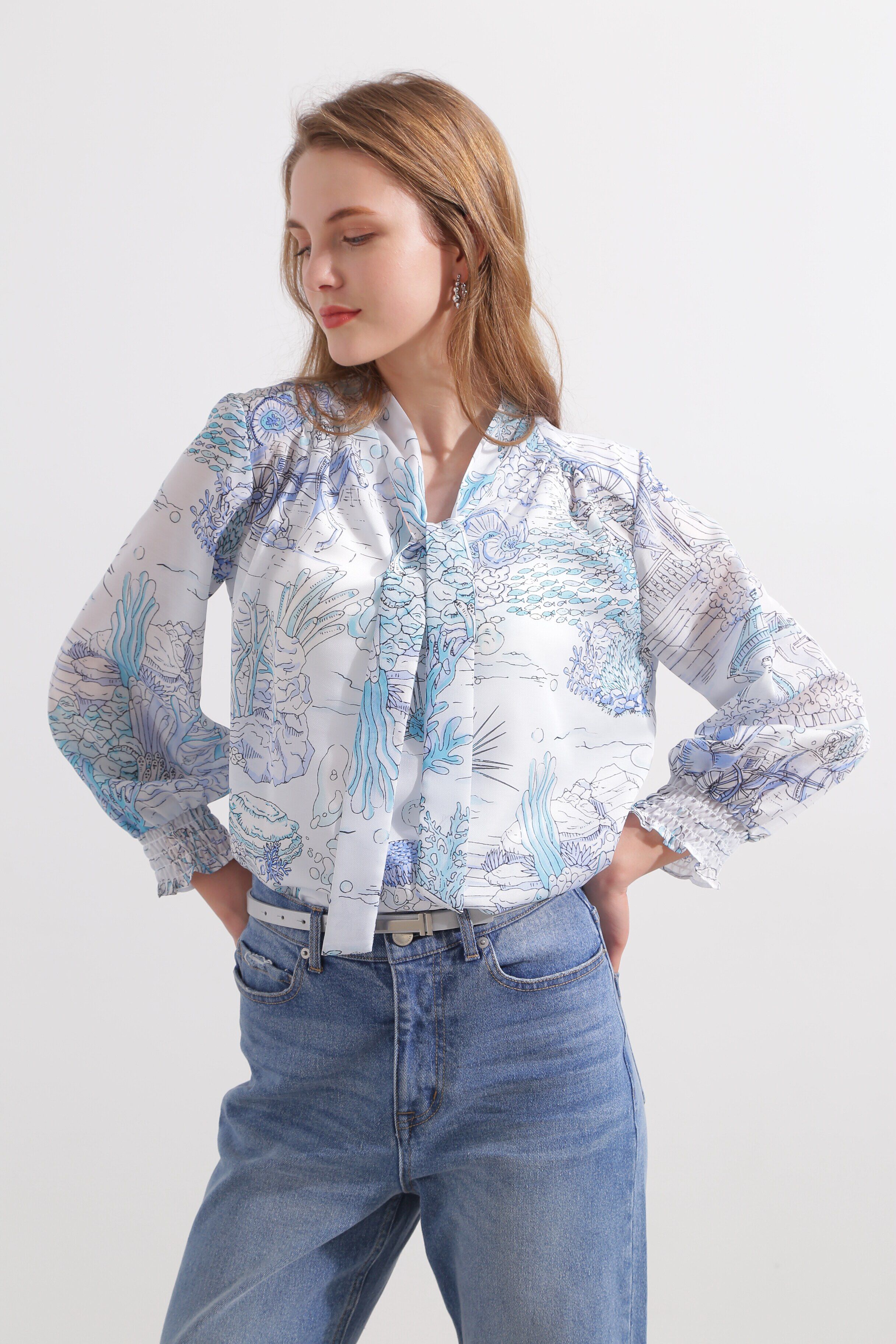  「◆ノーティカルプリントブラウス」|シャツ・ブラウス|ブルー1