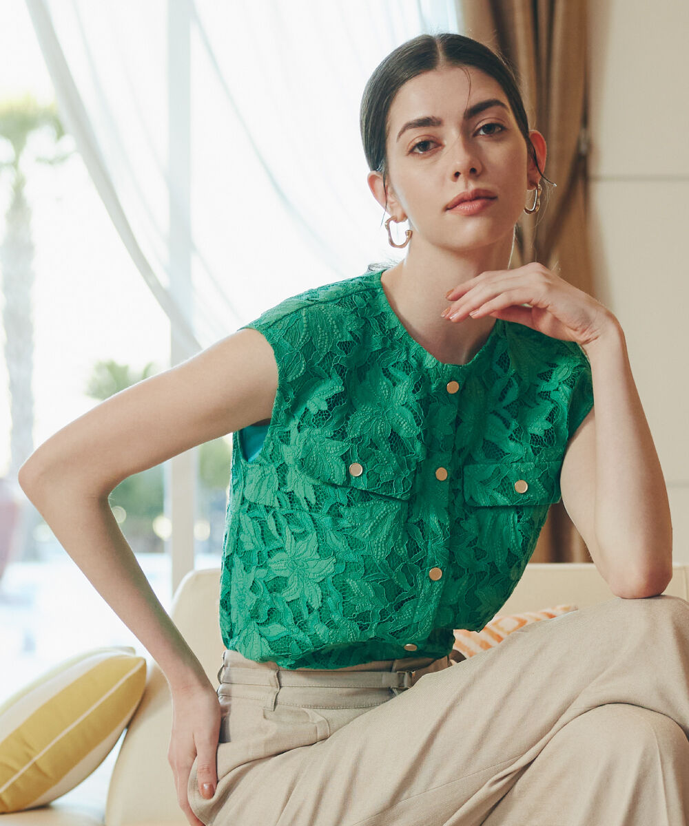  「◆フラップポケットレースブラウス」|シャツ・ブラウス|グリーン