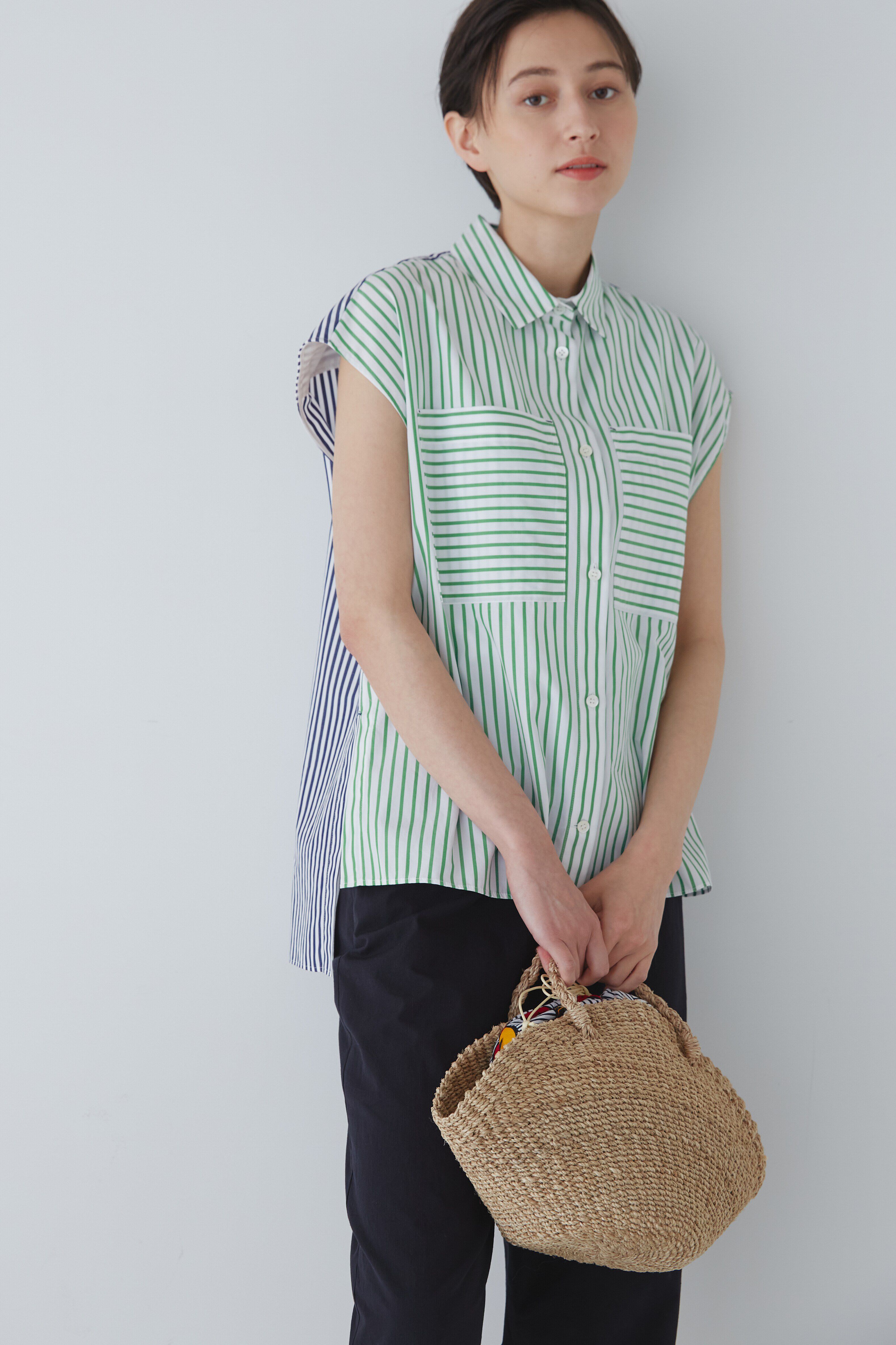  「◆バイカラーストライプブラウス」|シャツ・ブラウス|グリーン&times;ネ  3