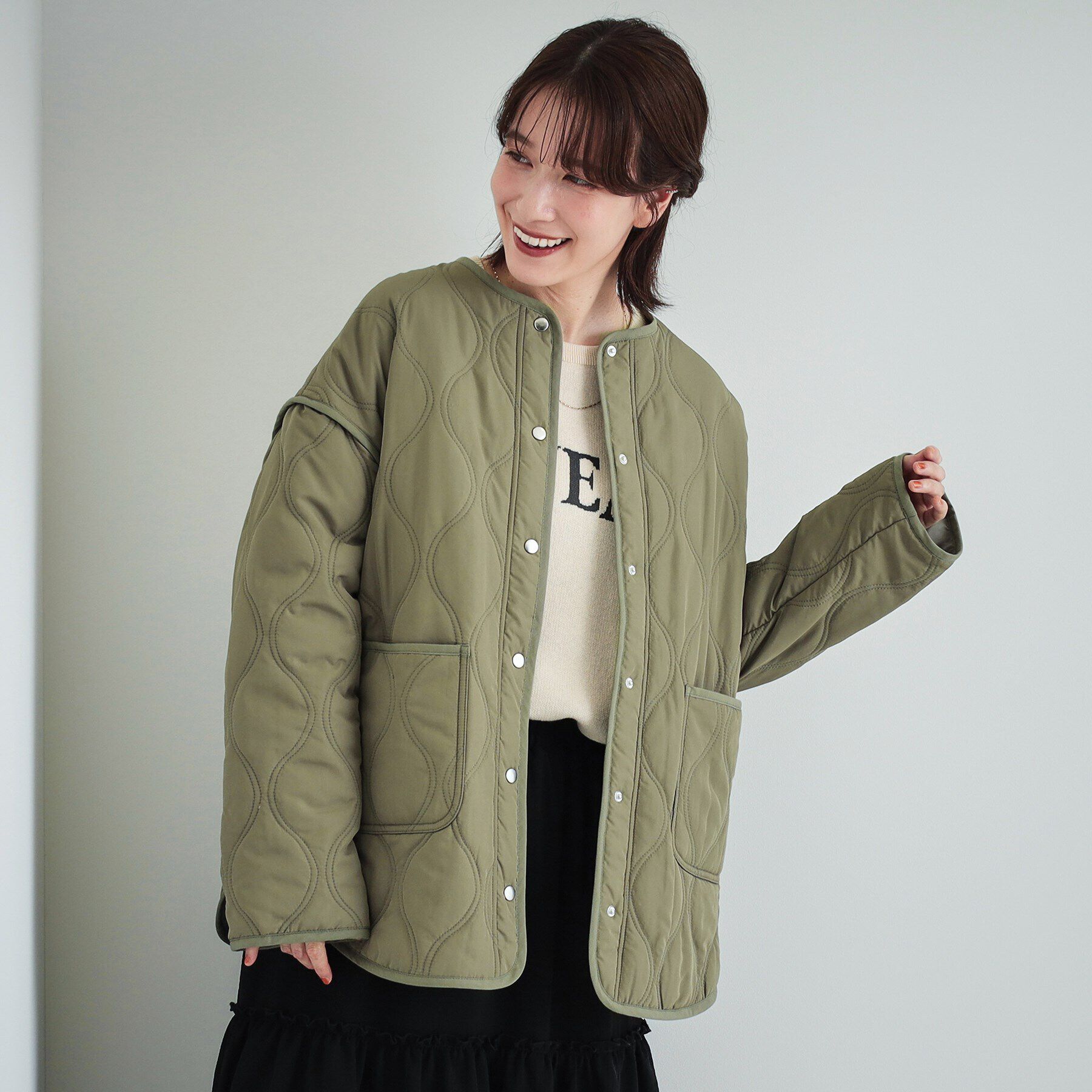 SHOO･LA･RUE「【高レビュー/撥水/吸湿発熱】大人が着たい オーバーキルトブルゾン」|ブルゾン・スタジャン|カーキ(027)