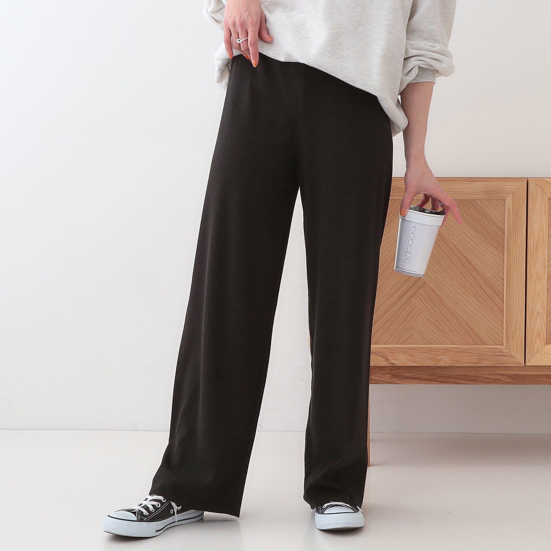 SHOO･LA･RUE「【洗える/S-LL】やわらか楽ちん カットリブパンツ」|その他|ブラック(019)