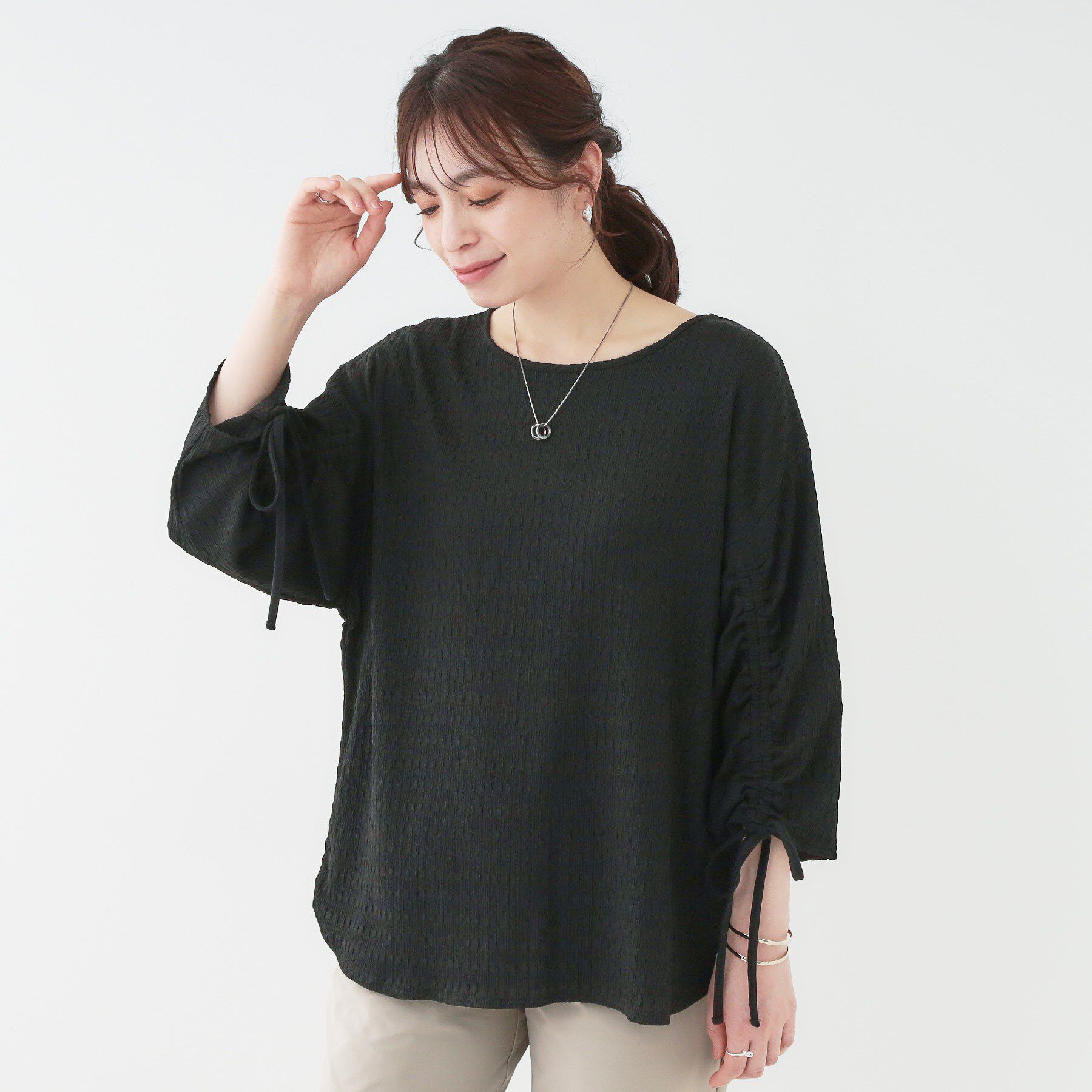 SHOO･LA･RUE「【洗える/S-LL】お袖シャーリングトップス」|シャツ・ブラウス|