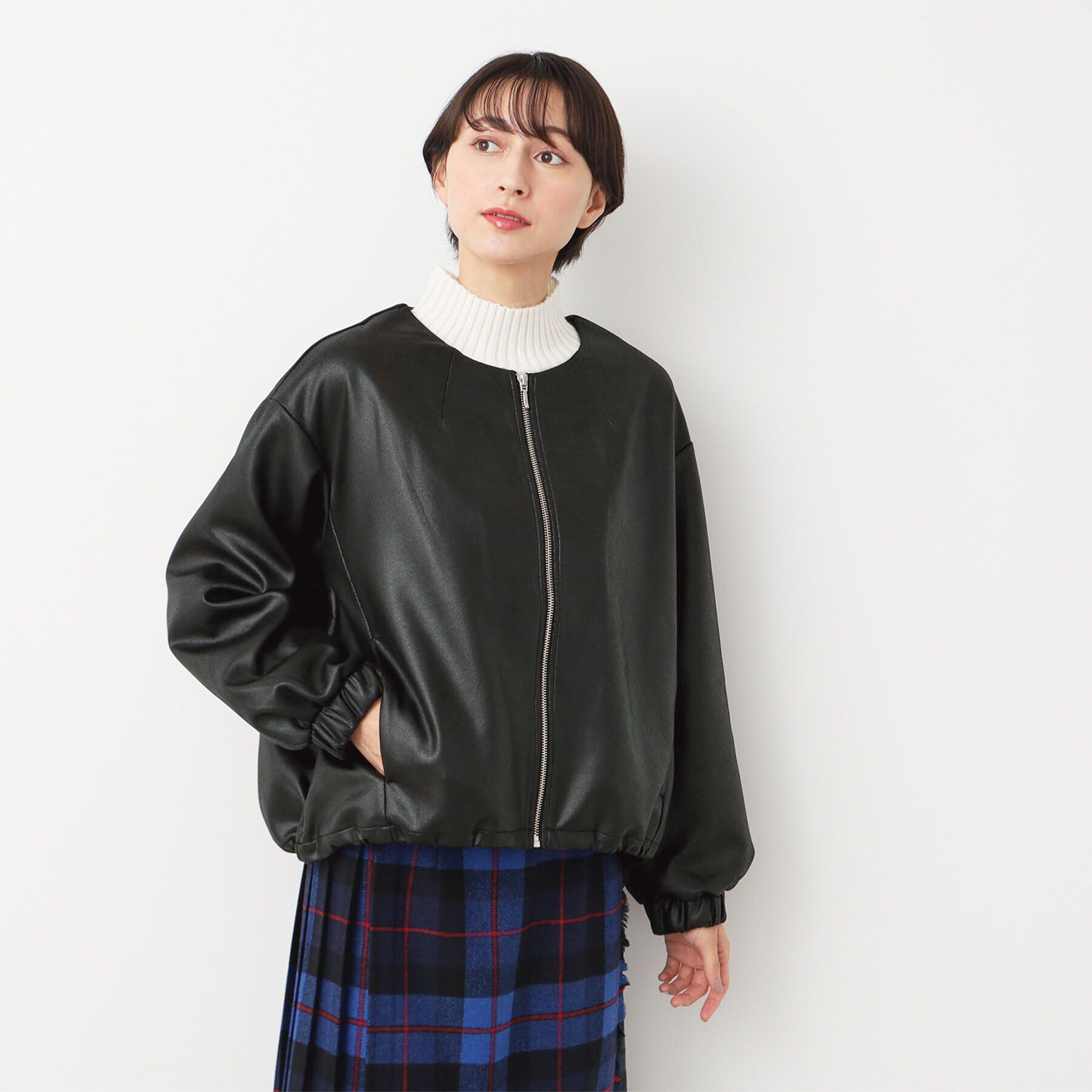Dessin「【洗える】レザー調クルーネックジャケット」|ノーカラージャケット|