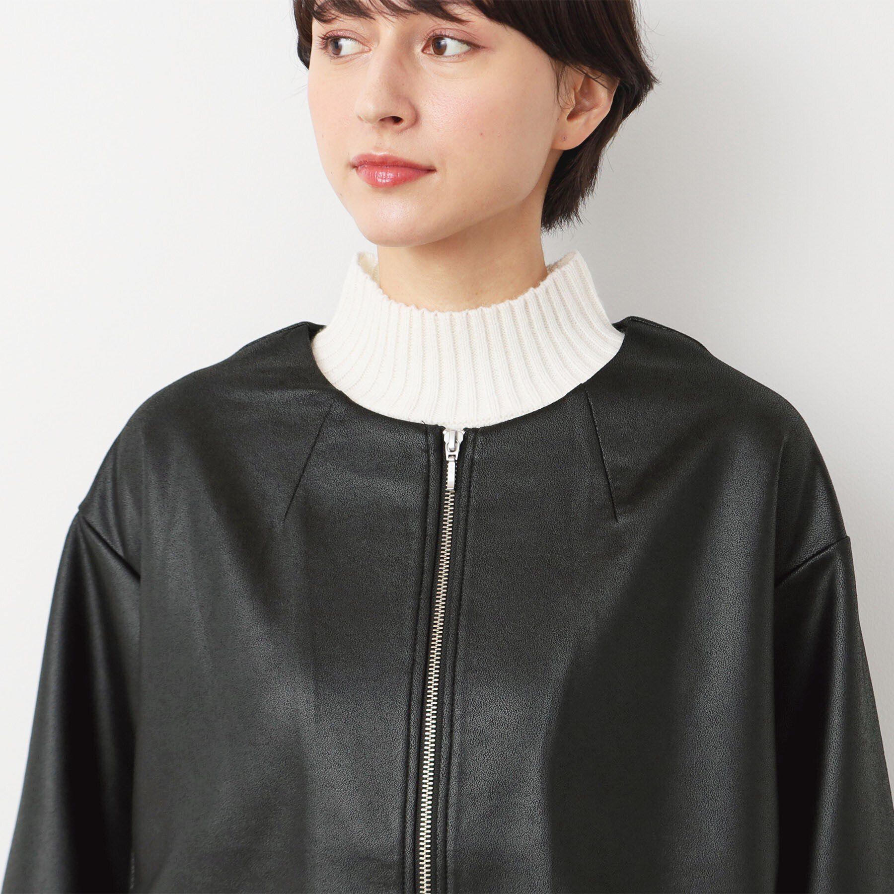 Dessin「【洗える】レザー調クルーネックジャケット」|ノーカラージャケット|