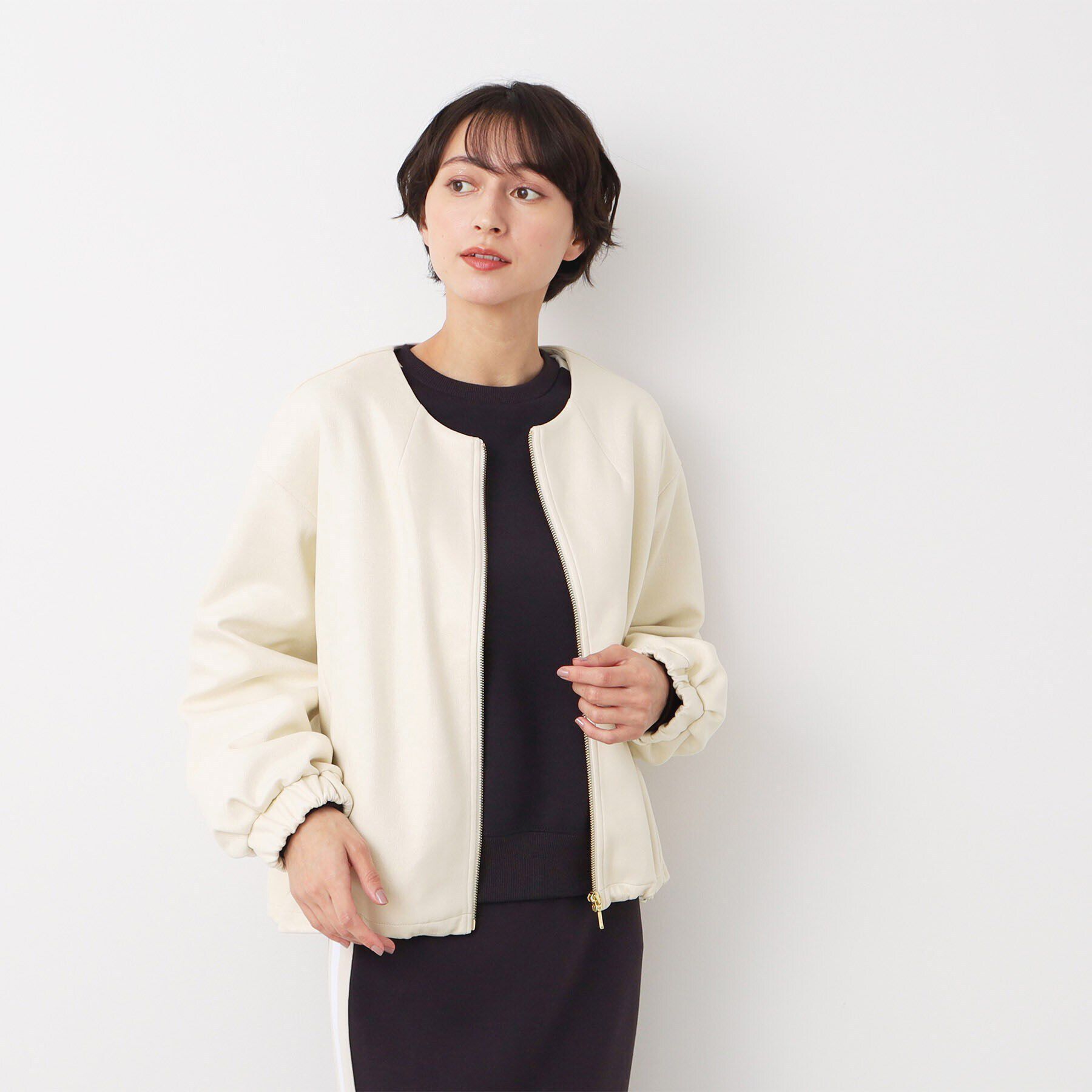 Dessin「【洗える】レザー調クルーネックジャケット」|ノーカラージャケット|