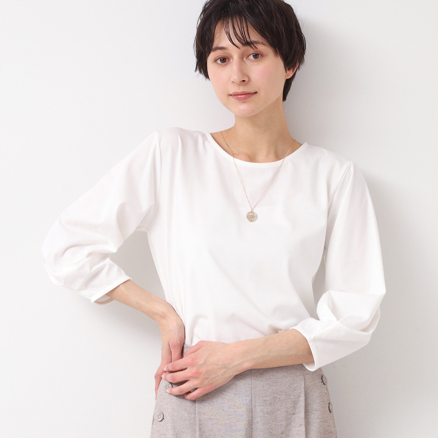 Dessin「【接触冷感・UV・洗える】袖ニュアンスカットソー」|Tシャツ・カットソー|ホワイト(002)