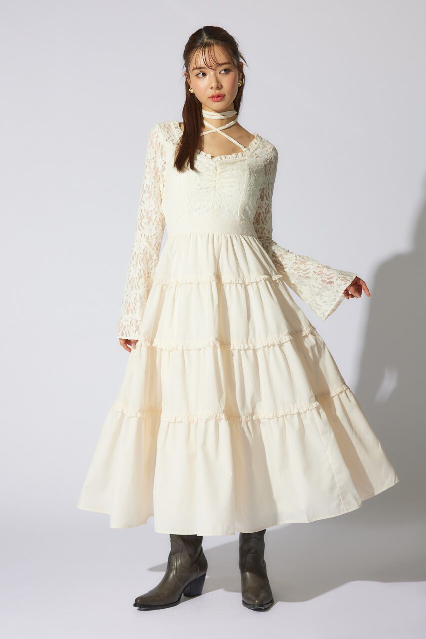 rienda「レーストップコンビフレアワンピース」|ワンピース|WHT