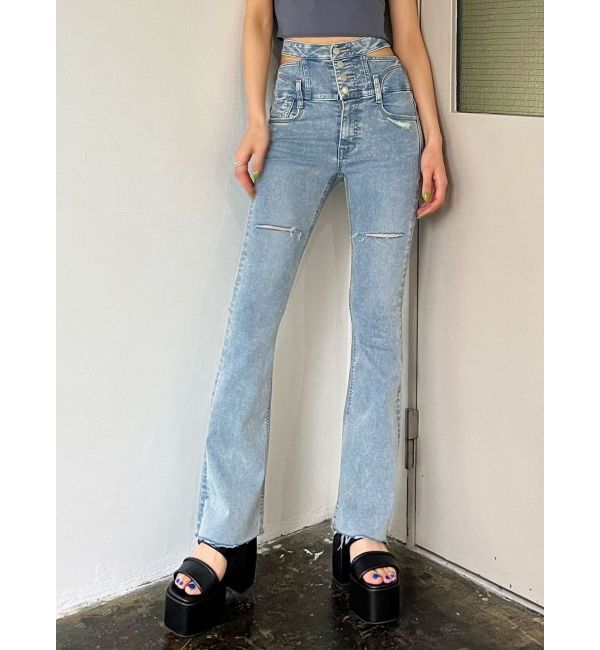 EMODA「サイドオープンハイウエストフレアパギンス」|デニム|