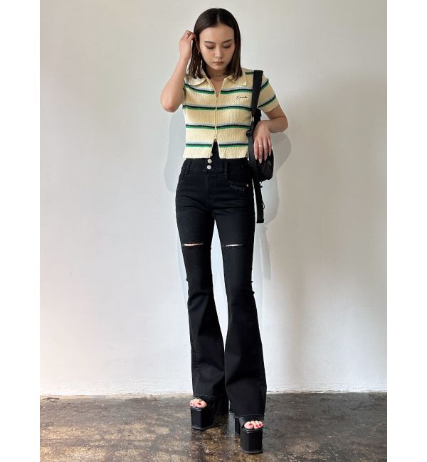 EMODA「サイドオープンハイウエストフレアパギンス」|デニム|