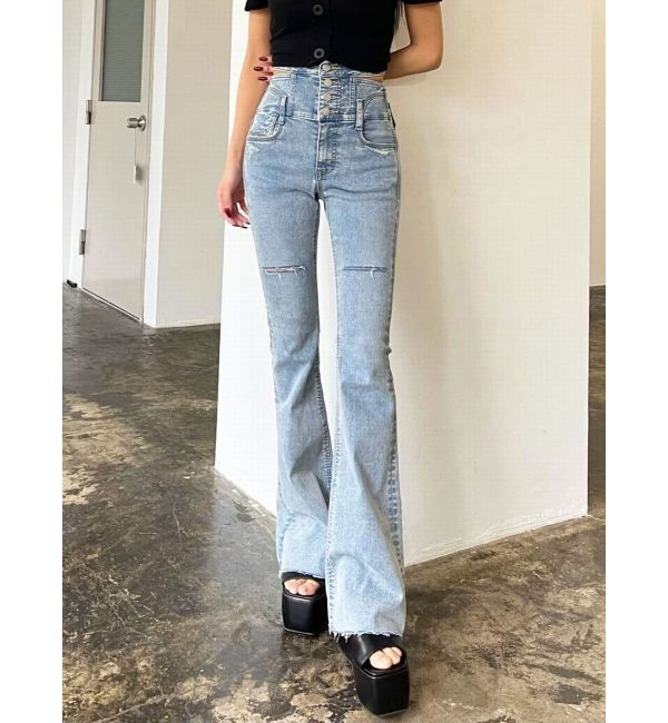 EMODA「サイドオープンハイウエストフレアパギンス」|デニム|ブルー