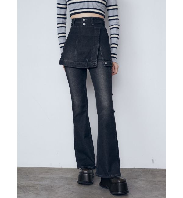 EMODA「ウエストレイヤーハイウエストフレアパギンス」|デニム|ブラック