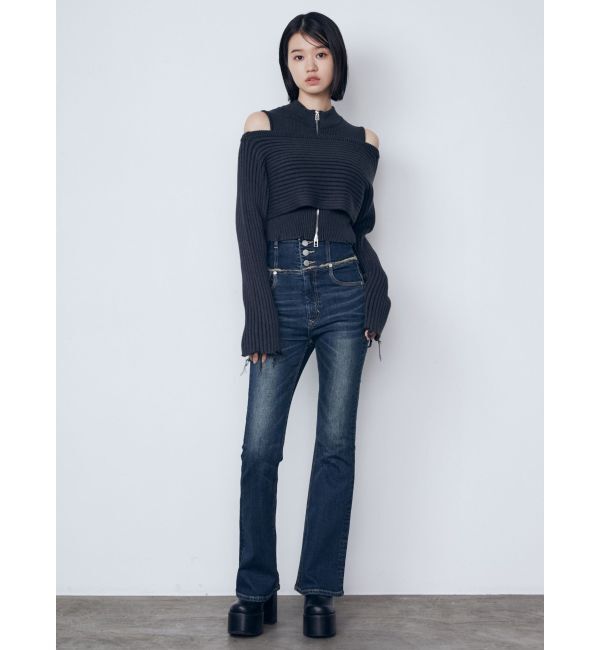 EMODA「ウエストレイヤーハイウエストフレアパギンス」|デニム|