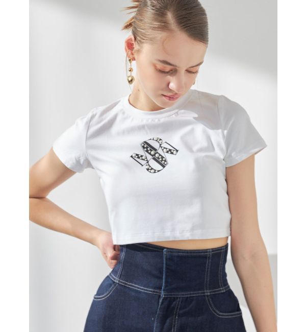 MERCURYDUO「クロップドパールロゴTシャツ」|Tシャツ・カットソー|
