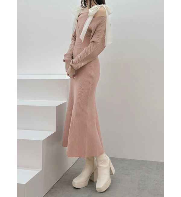 MERCURYDUO「2WAYショルダーリボンマーメイドニットワンピース」|ワンピース|ベビーピンク