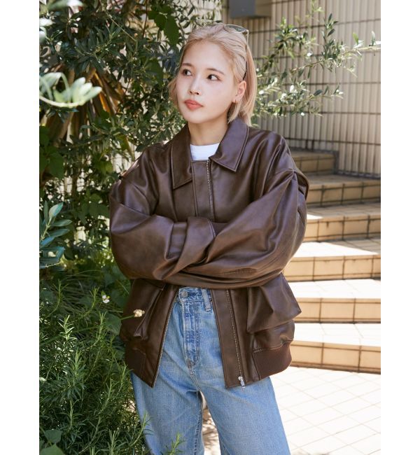 Ungrid「フェイクレザーブルゾン」|ブルゾン・スタジャン|ブラウン