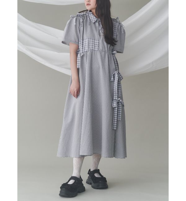 merry jenny「ギンガムチェックリボンドロストワンピース」|ワンピース|グレー