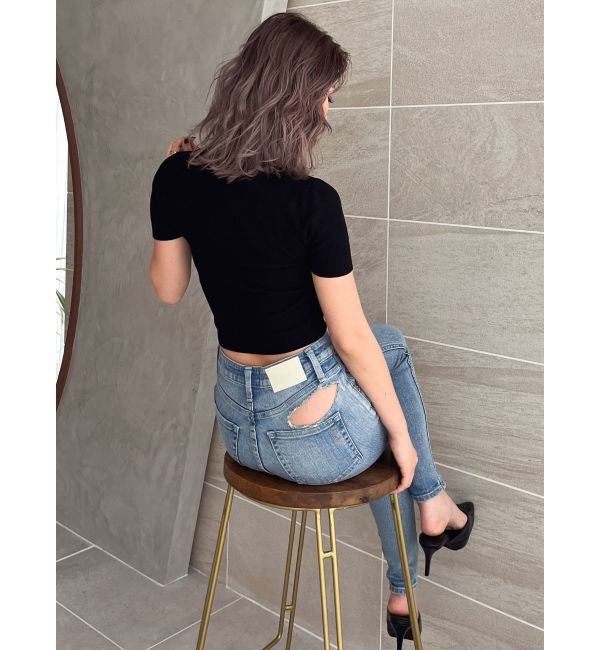 GYDA「ハイウエスト PEEPダメージスキニーデニムパンツ」|デニム|