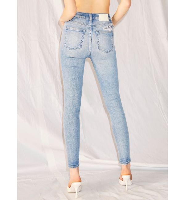 GYDA「ハイウエスト PEEPダメージスキニーデニムパンツ」|デニム|アイスブルー