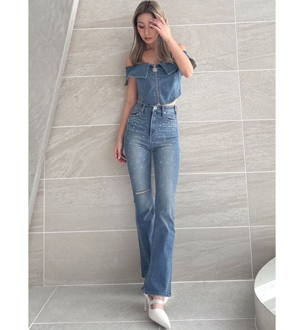 GYDA「【せいせいコラボ】ハイウエストストーンフレアパンツ」|デニム|