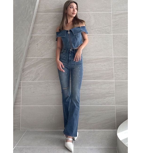 GYDA「【せいせいコラボ】ハイウエストストーンフレアパンツ」|デニム|