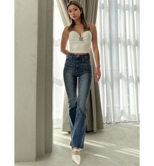 GYDA「【せいせいコラボ】ハイウエストストーンフレアパンツ」|デニム|