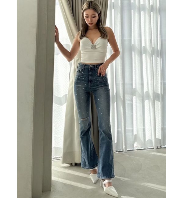 GYDA「【せいせいコラボ】ハイウエストストーンフレアパンツ」|デニム|