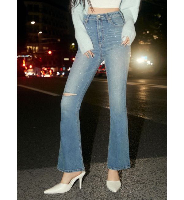 GYDA「【せいせいコラボ】ハイウエストストーンフレアパンツ」|デニム|