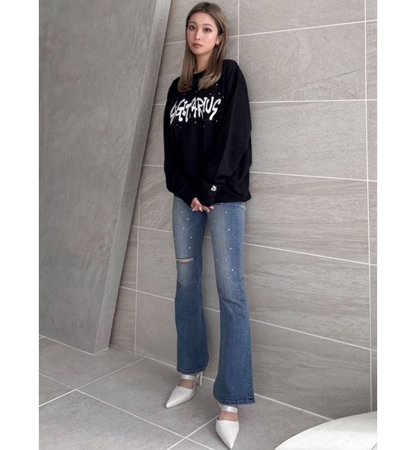 GYDA「【せいせいコラボ】ハイウエストストーンフレアパンツ」|デニム|