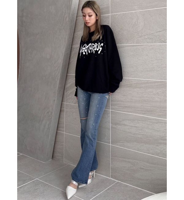 GYDA「【せいせいコラボ】ハイウエストストーンフレアパンツ」|デニム|