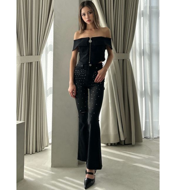 GYDA「【せいせいコラボ】ハイウエストストーンフレアパンツ」|デニム|