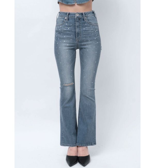 GYDA「【せいせいコラボ】ハイウエストストーンフレアパンツ」|デニム|