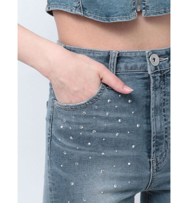 GYDA「【せいせいコラボ】ハイウエストストーンフレアパンツ」|デニム|