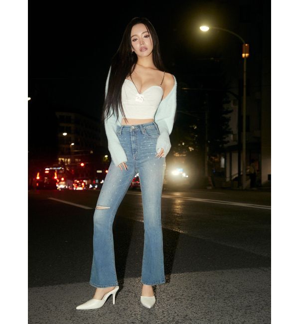 GYDA「【せいせいコラボ】ハイウエストストーンフレアパンツ」|デニム|