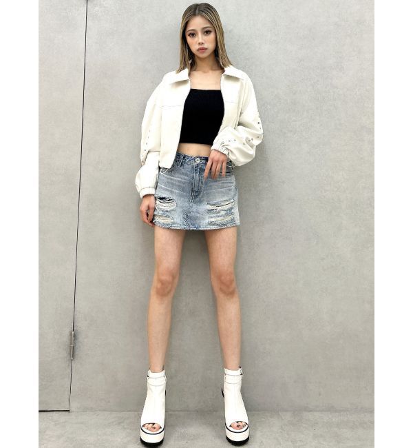 GYDA「ハイウエストGD embossダメージスカートライクデニムショートパンツ」|スカート|