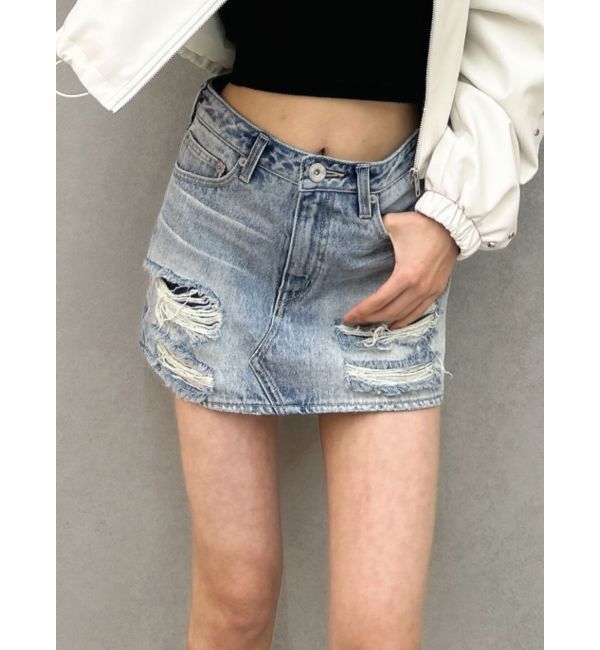 GYDA「ハイウエストGD embossダメージスカートライクデニムショートパンツ」|スカート|アイスブルー