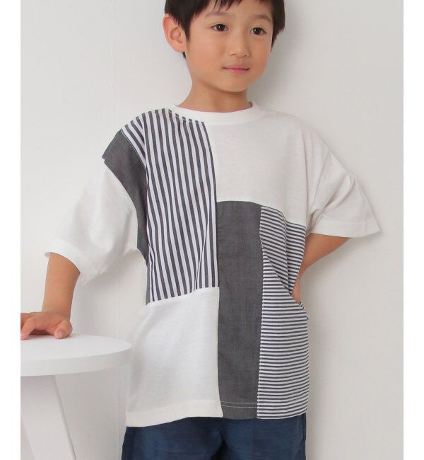 ikka kids「ストライプ布帛切り替えTシャツ（120~160cm）」|Tシャツ・カットソー|オフホワイト