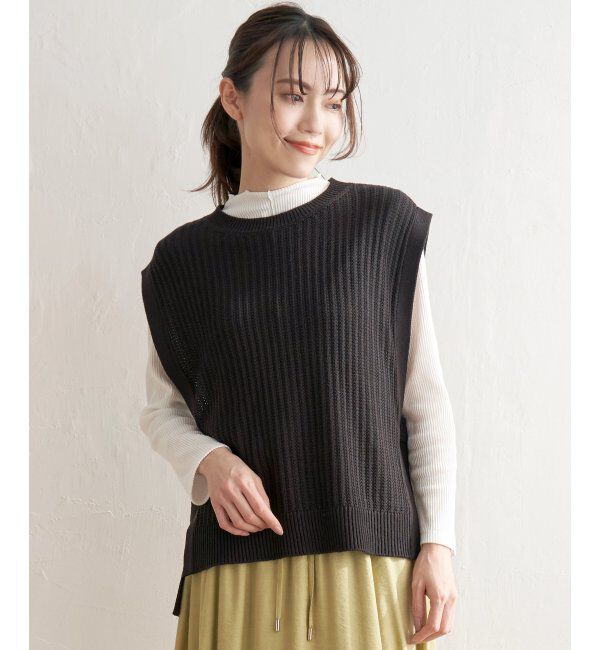 ikka「サイドリボンニットベスト」|ニット・セーター|ブラック