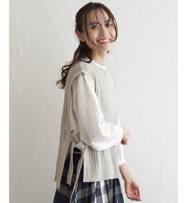 ikka「サイドリボンニットベスト」|ニット・セーター|ベージュ