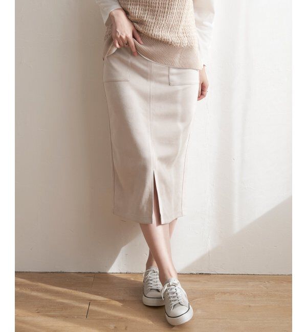ikka「カットスエードタイトスカート」|スカート|ベージュ