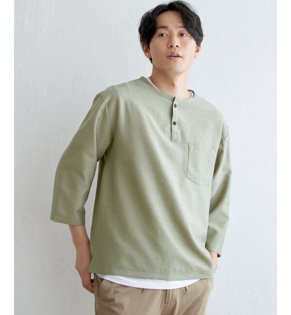 ikka「【イージーケア／吸水速乾】7分ヘンリーシャツTインナーセット【2点セット】」|シャツ・ブラウス|オリーブ